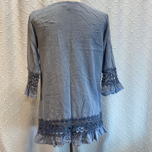 Noelle size s/m Blue Crochet lace neckline hem and sleeves 100% cotton - Picture 13 of 14